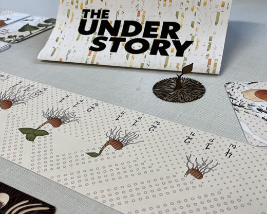 Elements of The UNDERstory card game spread across a table.