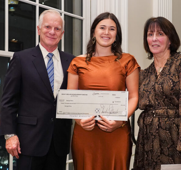 Georgia Perry, center, presented with the Sean F. Mellon Memorial Scholarship in New York City on Wednesday, November 8, 2023.